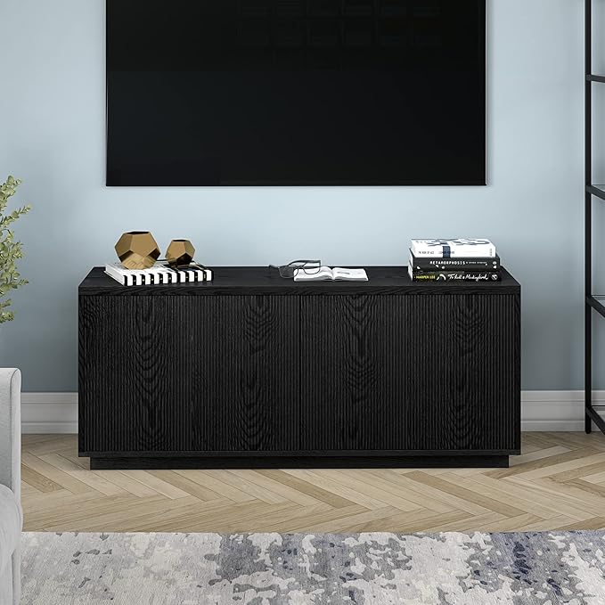 Henn&Hart Fluted TV Stand for TVs up to 65" with 2 Concealed Ribbed Storage Cabinets and Adjustable Shelves for Living Room, Family Room, or Office, Natural Black
