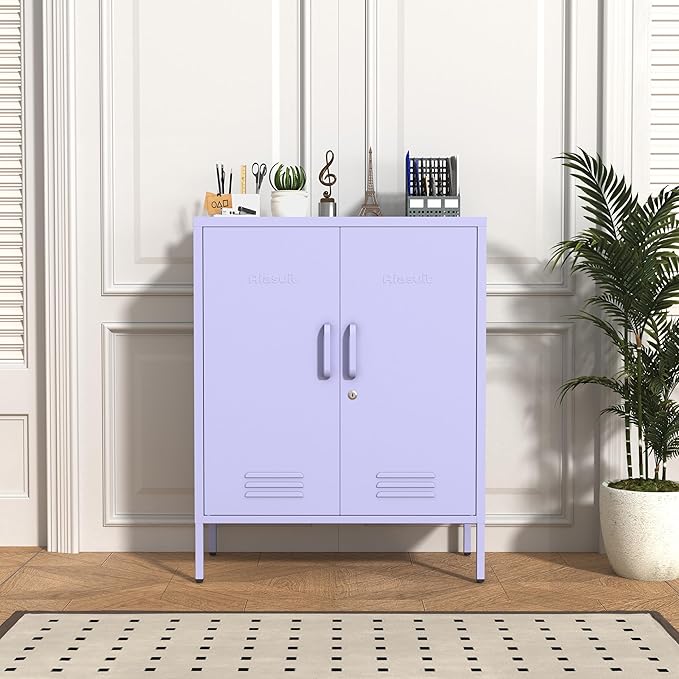 Wide Multipurpose Metal Storage Cabinet with Lockable Design & 2 Adjustable Partitions, Thickened Steel & Sturdy Construction for Home, Living Room & Office Purple 33" H X 29.5" W X 13.8" D