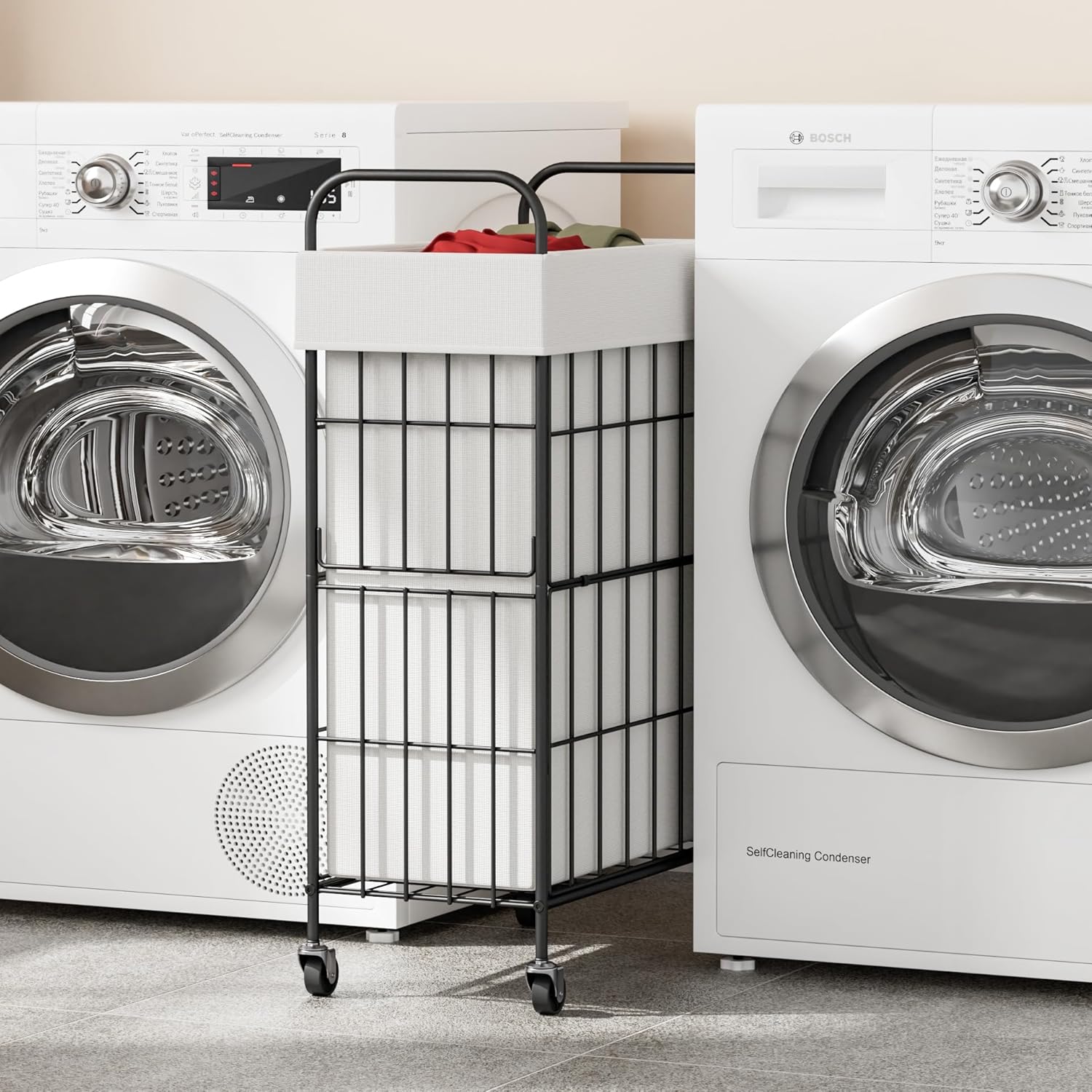 Slim Laundry Hamper, 60L Laundry Basket with Wheels, Clothes hamper with Removable Liner Bag
