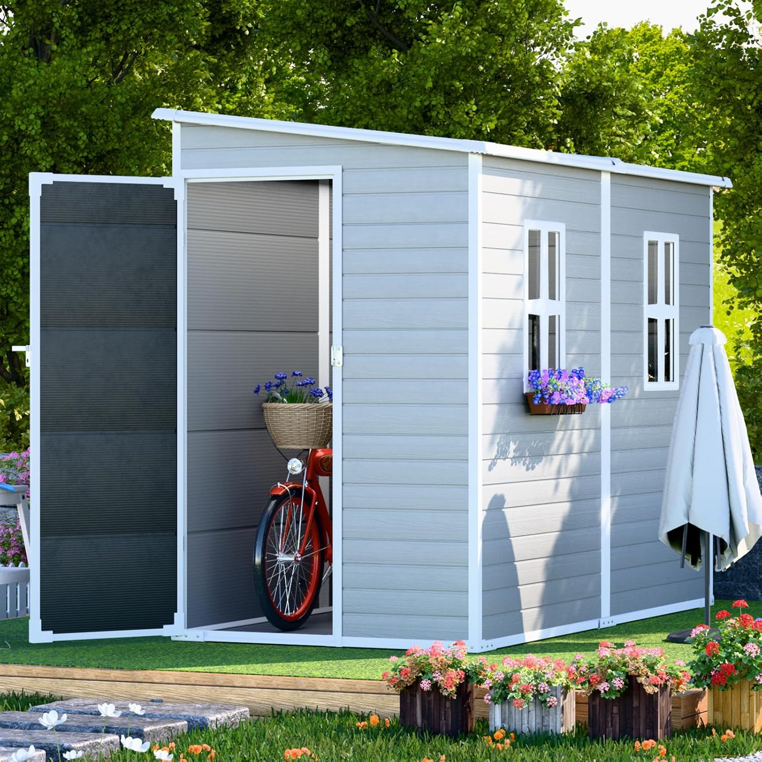 4x8 FT Lean-to Resin Shed with Floor Included, Waterproof Plastic Storage Cabinet, Garden Tool Sheds for Outdoor Wall