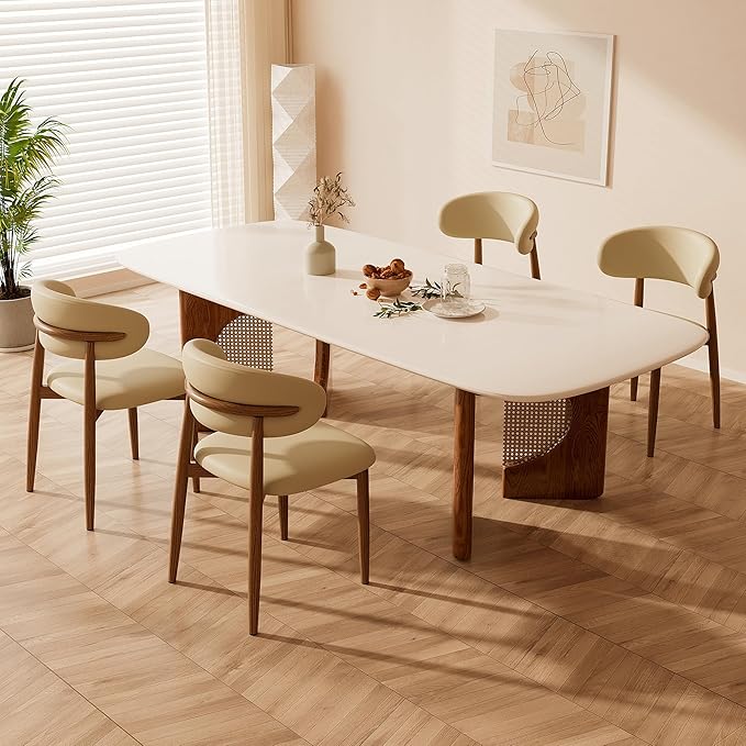 Dining Chairs Set of 4 for Kitchen Dining Table Mid Century Modern Farmhouse Upholstered Leather Dining Room Chairs with Metal Legs, Walnut Khaki