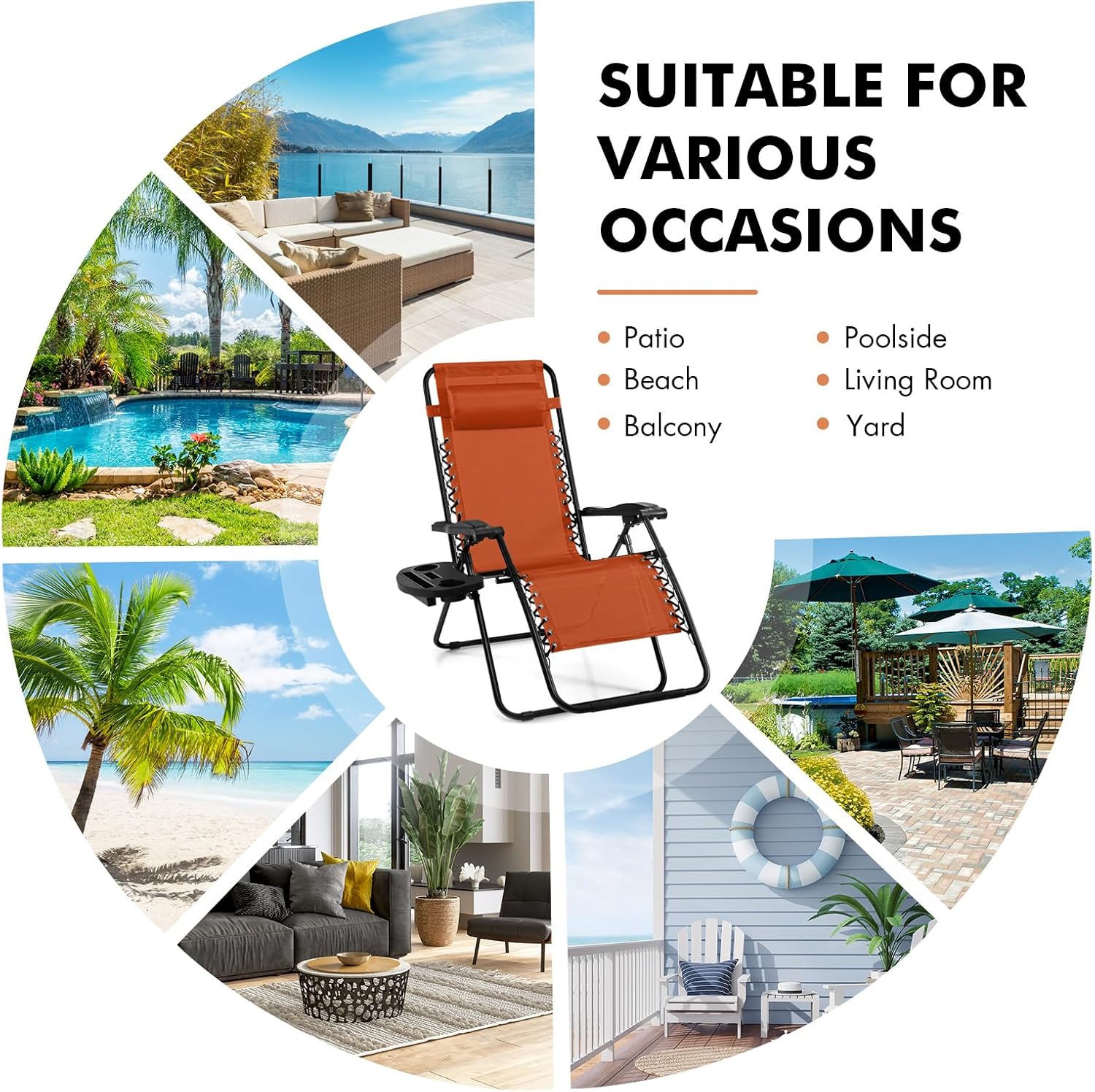 Giantex 2 PCS Zero Gravity Chair, Outdoor Chaise Lounge with Cup Holder, Patio Folding Chairs Recliner for Yard Pool Lawn Balcony, Orange