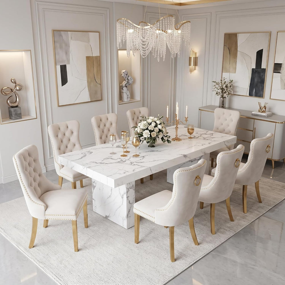 gopop 9 Piece White Dining Table Set, 79" Marble Dining Table Set for 8,...