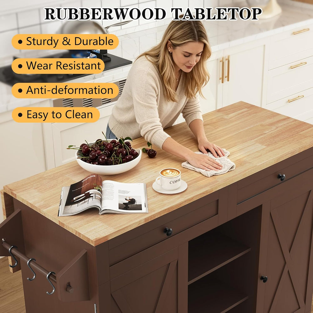 HLR Farmhouse Kitchen Island On Wheels, Brown