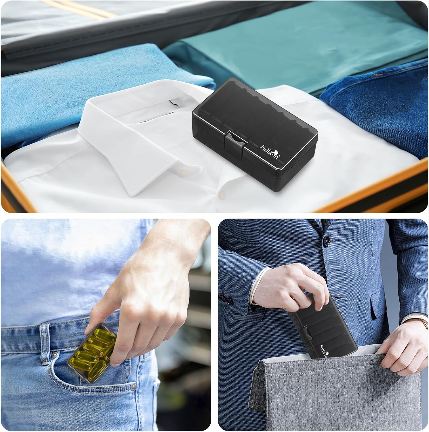 Fullicon Small Pill Case for Purse, Travel Medicine Pill Organizer, Weekly 7 Day Daily Pill Box, Pocket Pharmacy Pill Container Dispenser Holder with Labels (Black)