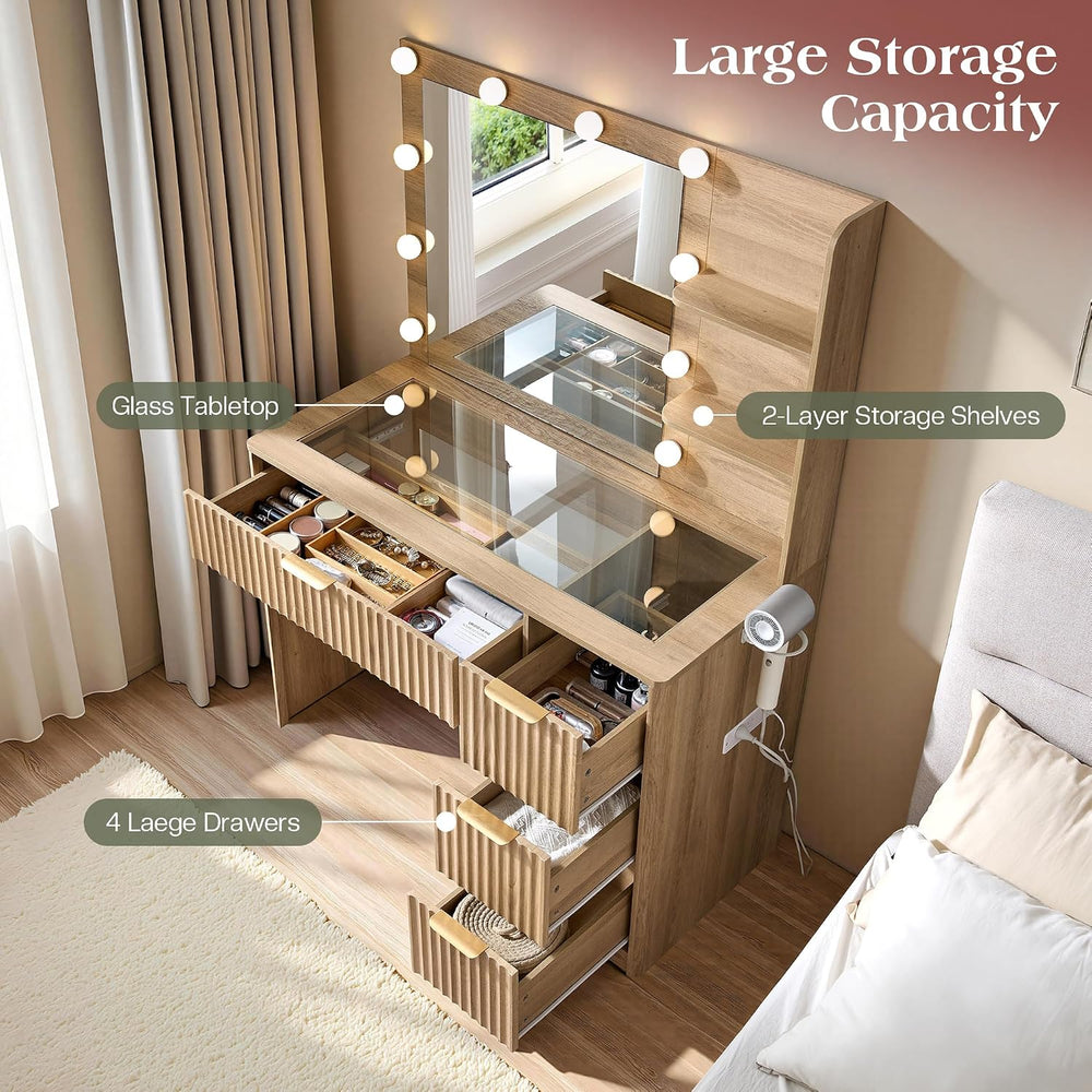 LUXOAK 36" Makeup Vanity Desk with Mirror & LED Lights, Oak | Fluted...