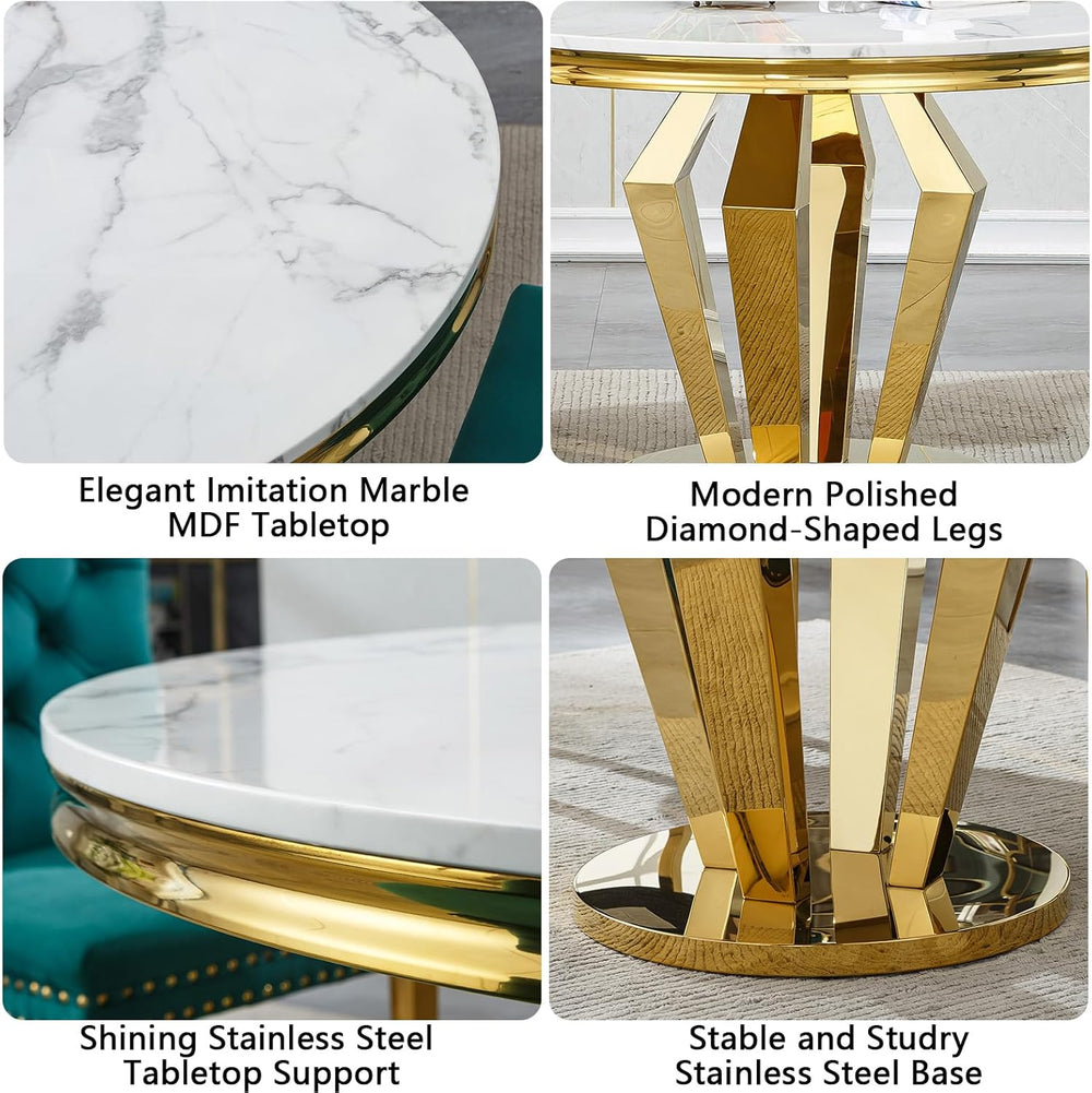 Henf Luxury Round Dining Table for 4-6 White Gold 45" Faux Marble Kitche...