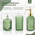 Green Bathroom Accessories Set, 4 Pack Olive Green Bathroom Decor Accessory Sets Complete, Diamond Glass Soap Dispenser and Toothbrush Holder Set for Bath Counter Organizer Essentials