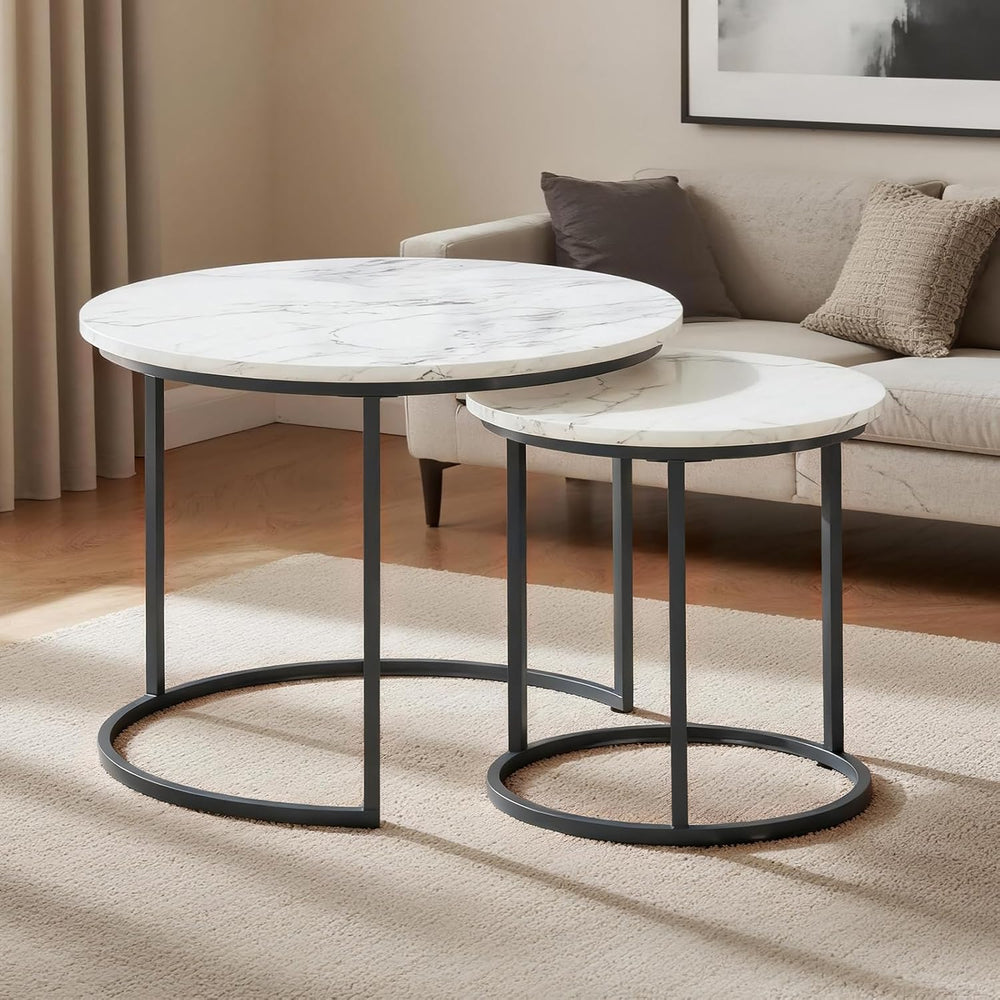 Round Nesting Coffee Table Set of 2, Modern Marble Pattern Wooden Nesting Tab...