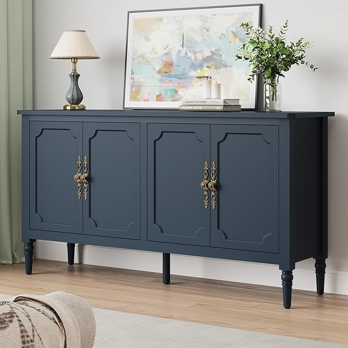 RoyalCraft 59" Buffet Cabinet with Storage, Vintage Sideboard with Adjustable Shelves & Carved Handle, Mid Century Modern Painted Credenza Coffee Bar for Kitchen, Dining Room, Navy Blue