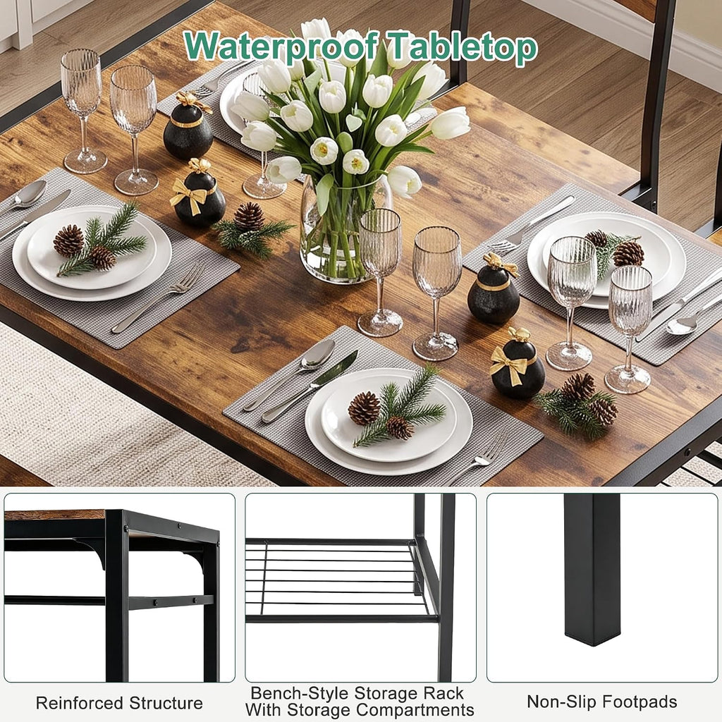 VECELO Kitchen Dining Room Table with 2 Chairs & Bench, Compact Space-Saving Design, Easy Assembly Steel Frame, Perfect for Small Apartments & Breakfast Nooks，Dark Brown
