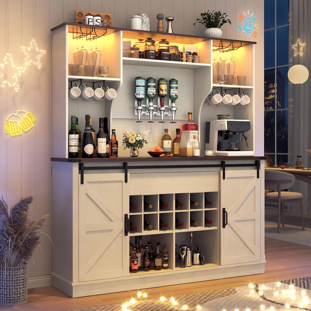 Farmhouse Coffee Bar Cabinet with LED Light, Charging Station & Sliding B...