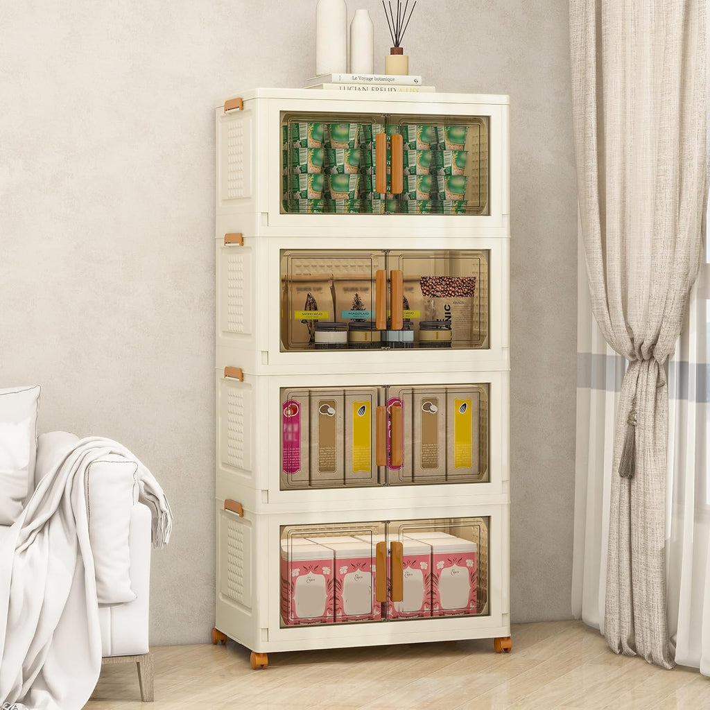 Plastic Stackable Storage Bins with Lids and Wheels, Foldable Closet Organizers and Storage Containers, Collapsible Clear Drawer Storage Cabinet with Doors Ivory White 358.4 QT