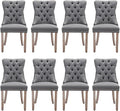 Linen Upholstered Dining Chairs Set of 8, Modern Style Kitchen Side Chairs with Nailhead Trim and Wood Leg, Metal Pulling Ring for Dining Room Living Room(Smoky Gray)