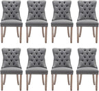 Linen Upholstered Dining Chairs Set of 8, Modern Style Kitchen Side Chairs with Nailhead Trim and Wood Leg, Metal Pulling Ring for Dining Room Living Room(Smoky Gray)