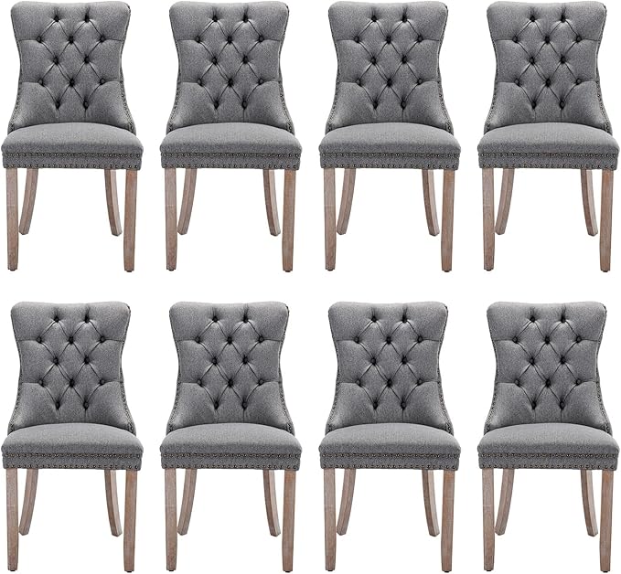Linen Upholstered Dining Chairs Set of 8, Modern Style Kitchen Side Chairs with Nailhead Trim and Wood Leg, Metal Pulling Ring for Dining Room Living Room(Smoky Gray)