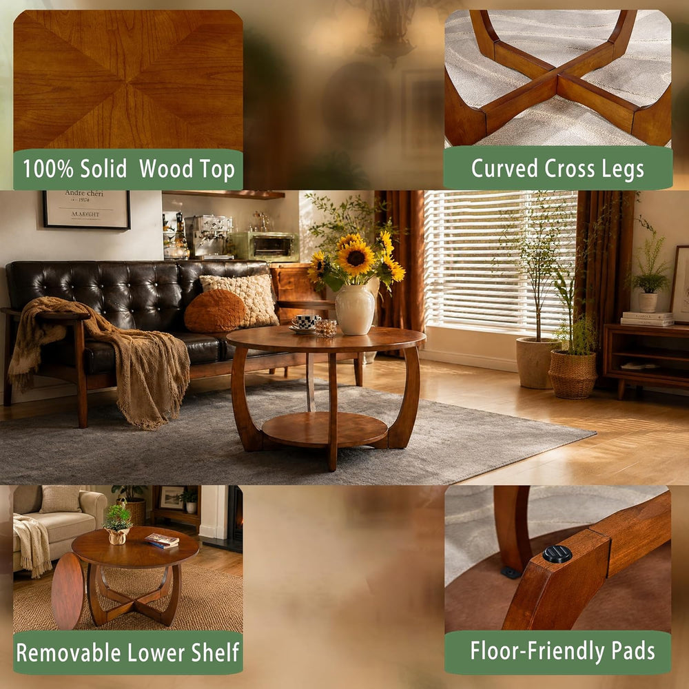 29.5" Round Coffee Table, 2-Tier Circle Coffee Table with Storage Remova...