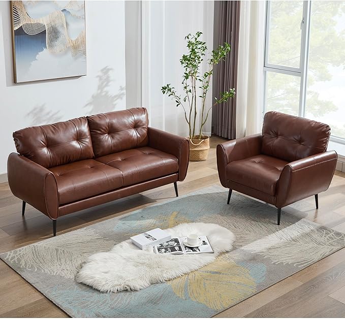 TYBOATLE Sofa Couch 61" Small Loveseat Couches for Living Room Leather Couch Mid Century Modern Tufted Mini Sofa Comfy Office 2 Seat Settee Love Seat Bedroom (2, Brown)