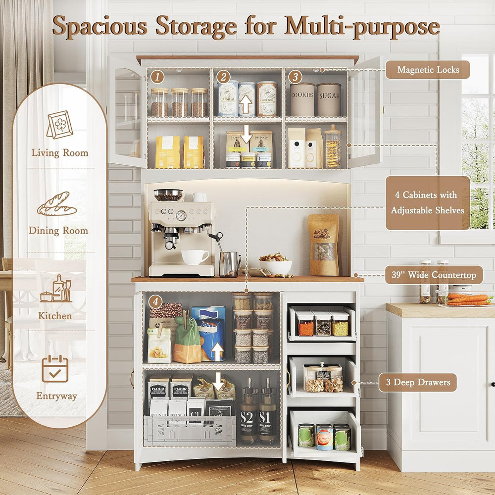 71" Tall Kitchen Pantry Cabinet with LED Lights & Charging Station |...