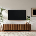 Modway Sorren 71 Inch Scalloped TV Stand in Walnut – 4 Door Media Console Cabinet – Modern Storage TV Stand with Doors