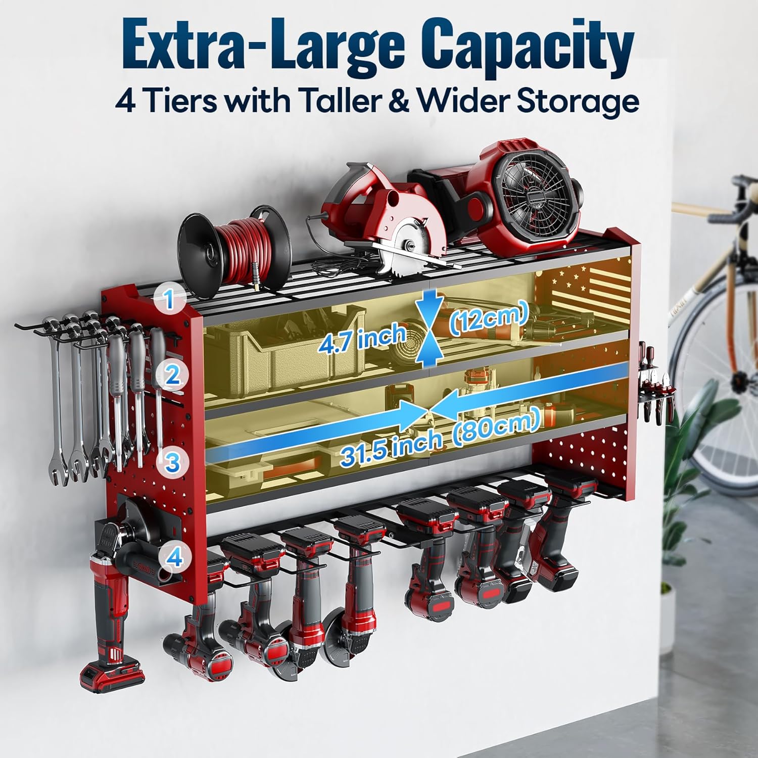 Tomorotec 4-Layer Wall-Mounted Power Tool Storage Rack, Heavy-Duty Steel Drill Organizer with Adjustable Shelves & Side Hooks for Toolbox, Easy Installation Garage & Workshop Storage (Red)