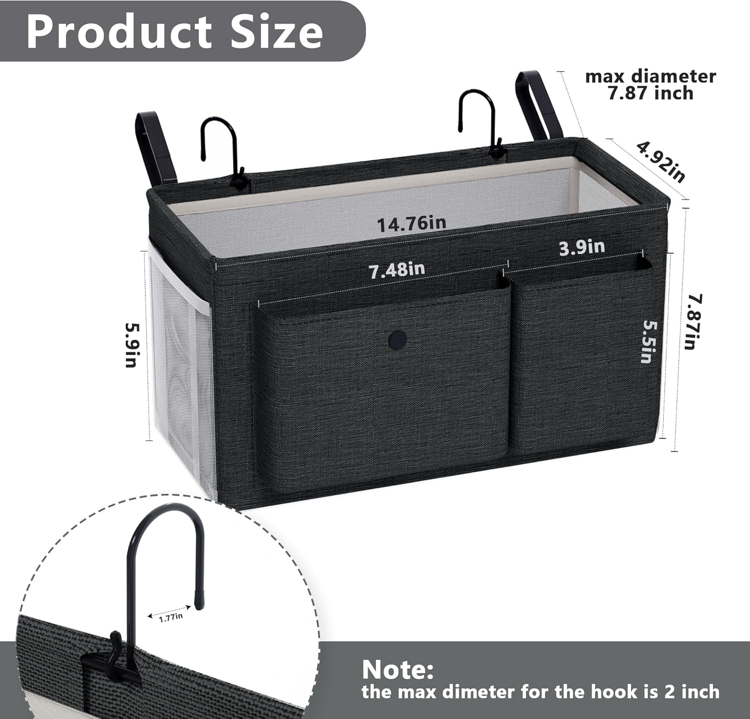 Bedside Caddy Bedside Organizer with Fixed Straps & Water Bottle Holder, Bunk Bed Caddy ideal for Home, Dorm, Hospital, Crib, Versatile Bedside Storage Solution (Black 2pcs)