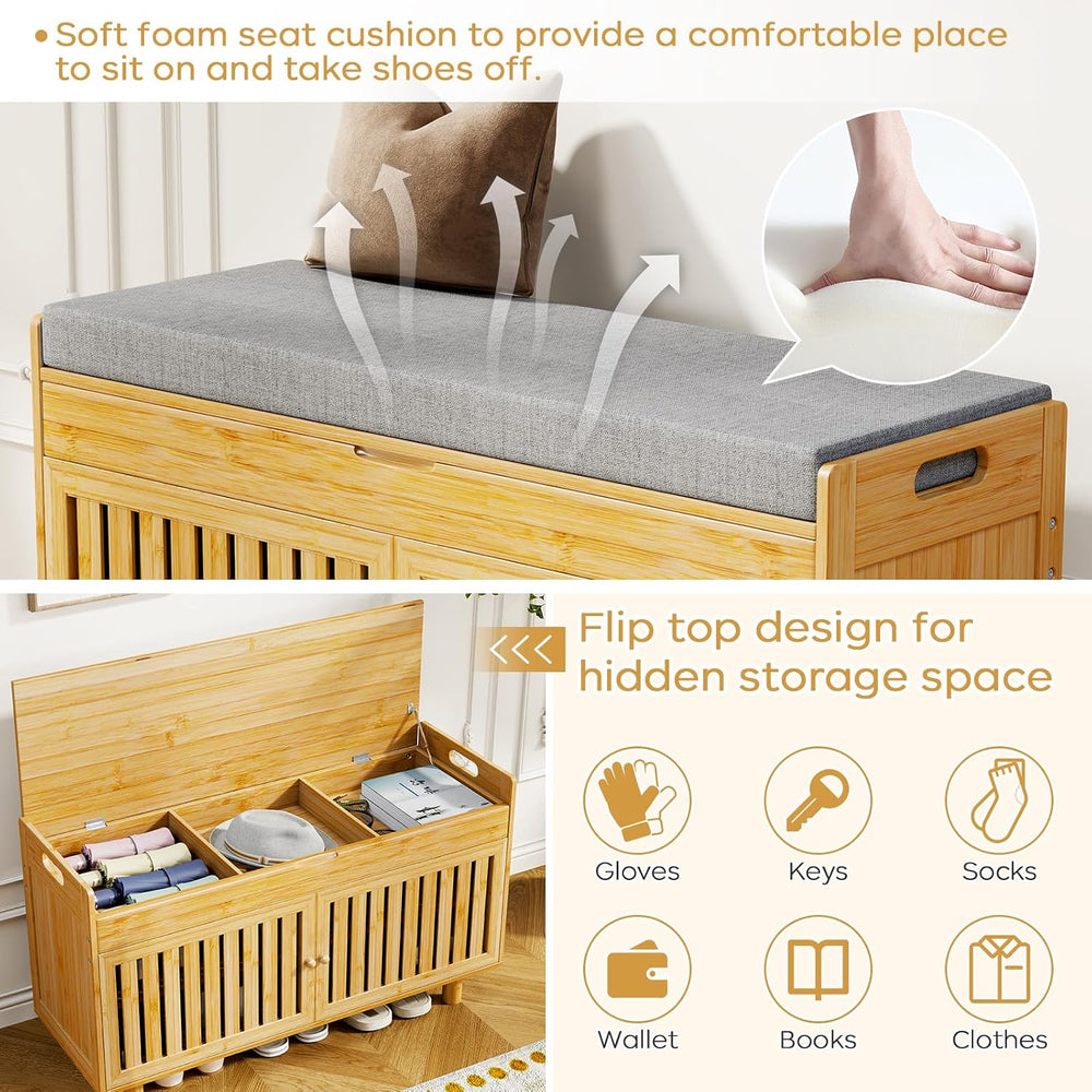 Shoe Storage Bench Coat Rack Set, 35.4" Bamboo Hall Tree Entryway Bench