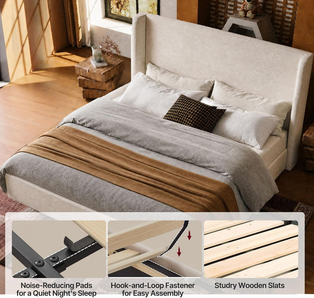 Queen Platform Bed, Tall Wingback Chenille Headboard, Sturdy Wood Slats Silen...
