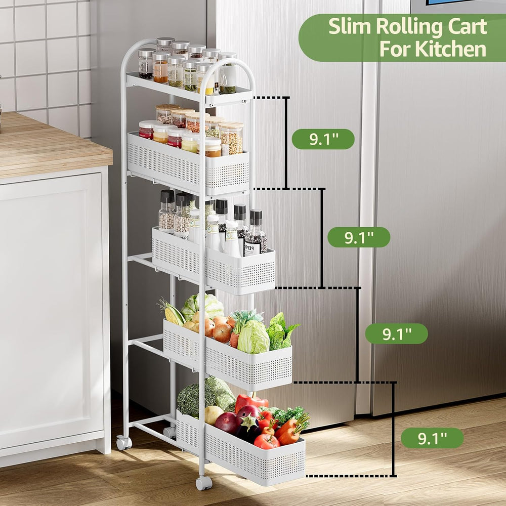 KINGRACK 5-Tier Slim Storage Cart with Pull Out Basket, Rolling Bathroom Orga...