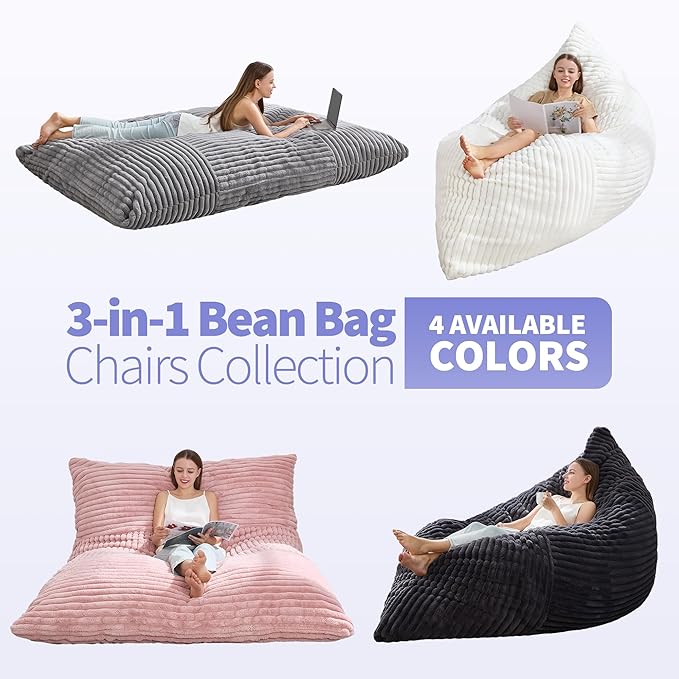 Hobestluk 3 in 1 Bean Bag Chair Giant Bean Bag Chairs Convertible Bean Bag Floor Cushion with Machine Washable Cover, Beanbag Chairs for Adult (Pink)