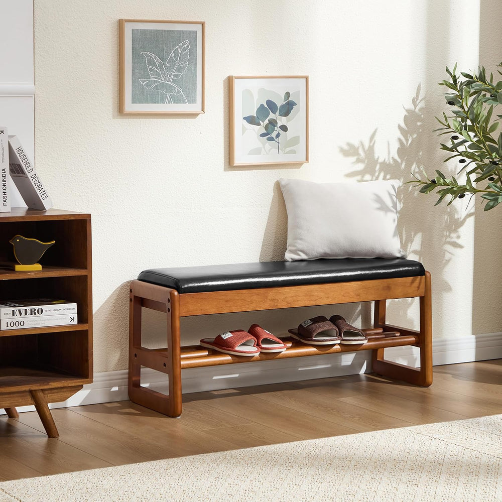 39.3" Shoe Rack Bench,2 Tiers Shoe Bench with Storage,Walnut Storage Ben...