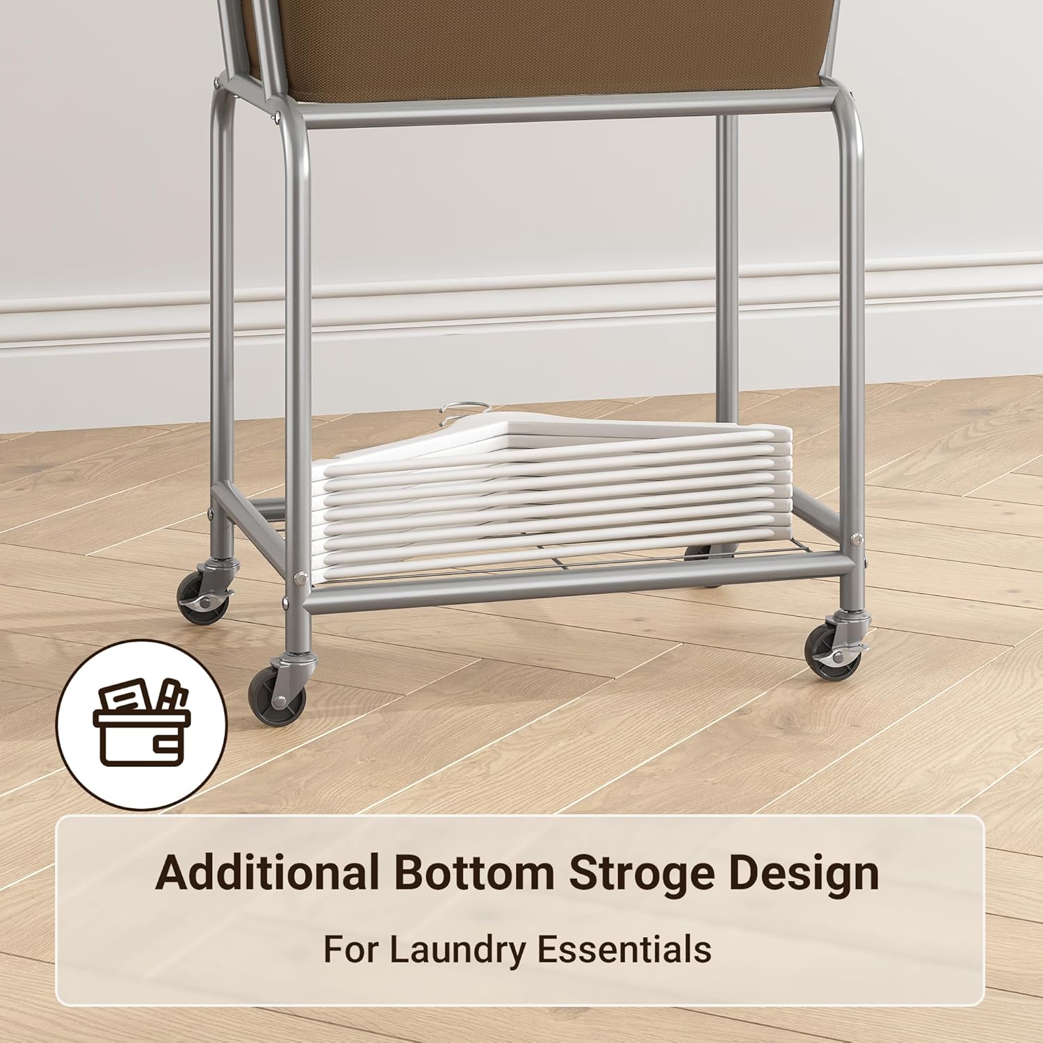 ELYKEN Laundry Cart with Wheels, Rolling Laundry Hamper with Removable Bag and Shelf, Metal Frame Laundry Basket with 4 Casters and 2 Brakes, Ideal for Bedroom, Bathroom, Laundry Room, Camel Brown