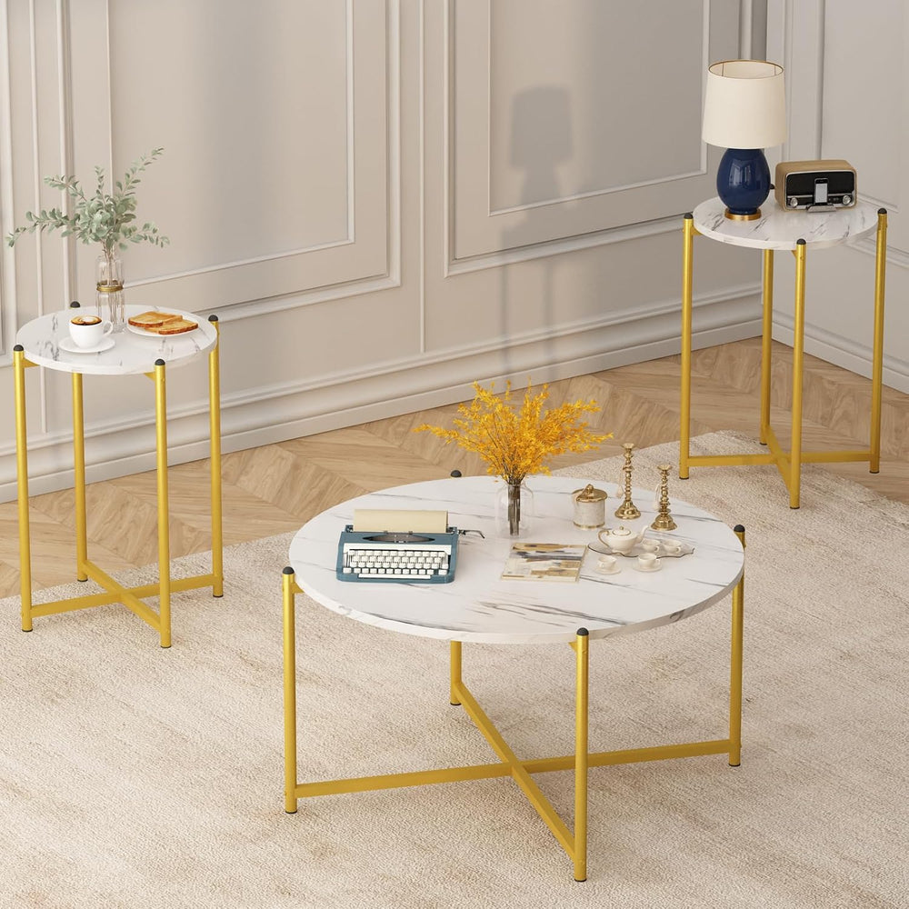 Lamerge Coffee Table Set of 3,Modern Faux Marble Top with Golden Frame,1 Coff...