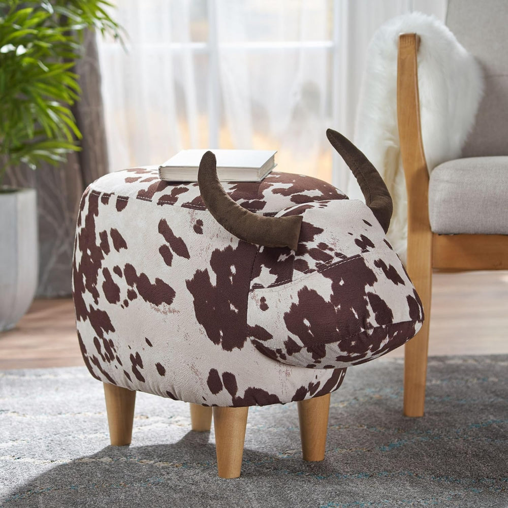 Modern Footstool, Cow-Shaped Ottoman with Birch Legs Cute Velvet Foot Rest fo...