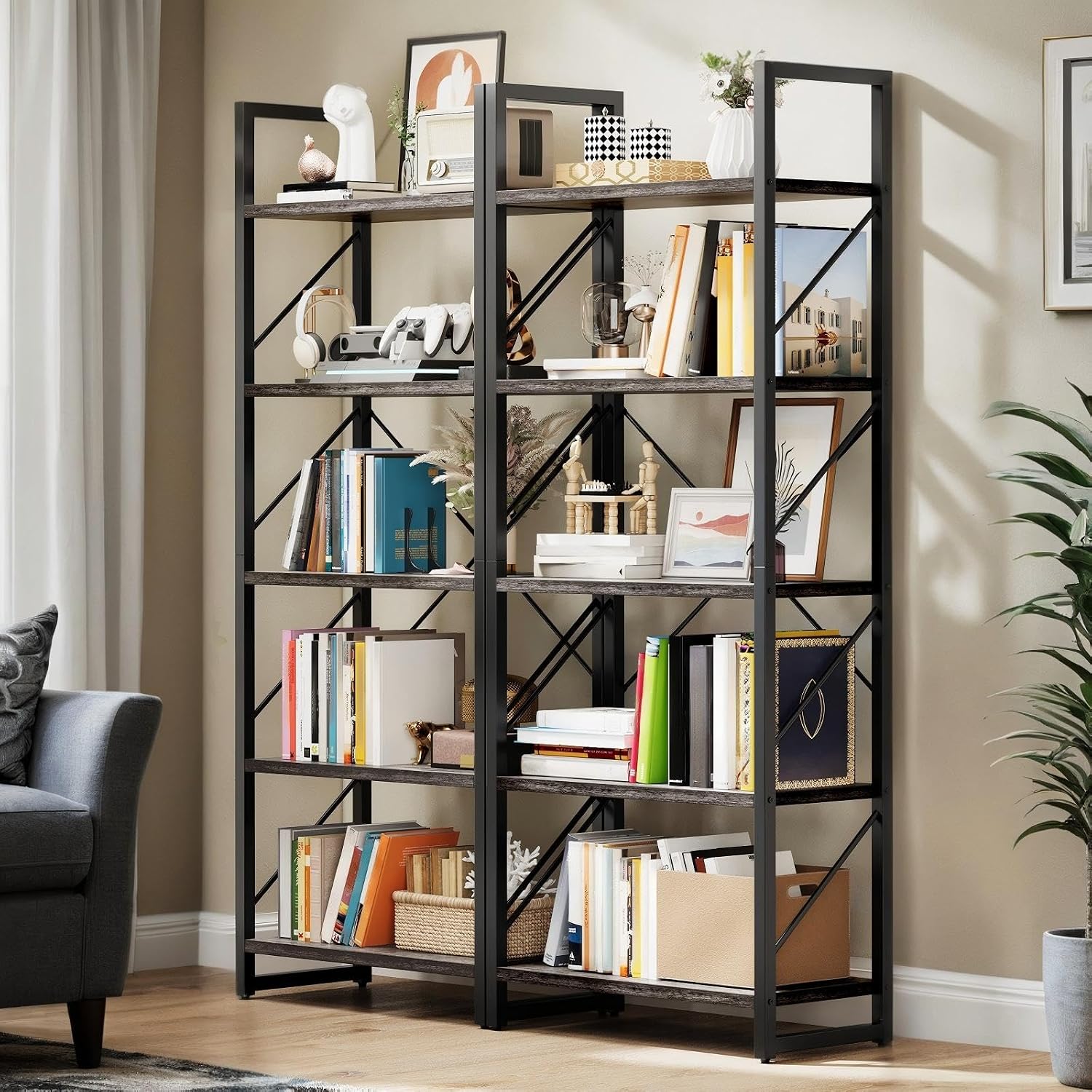 DWVO 5 Tier Bookshelf 2 Pack, Industrial Bookshelves Open Shelf Bookcase, Storage Shelves Organizer Display Rack for Bedroom, Living Room, Office,Kitchen, Charcoal Gray