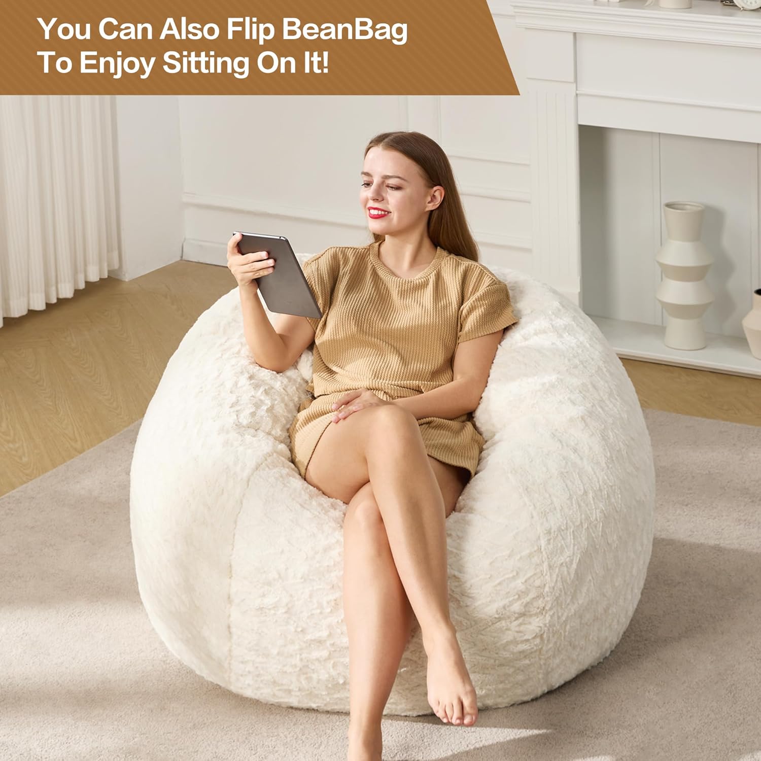 Hobestluk 3ft Bean Bag Chairs for Adults Large Beanbag Chair with Chevron Plush Fur Cover Big Bean Bag Chair for Living Room Bedroom Dorm Office - White (36” x 36” x 22”)