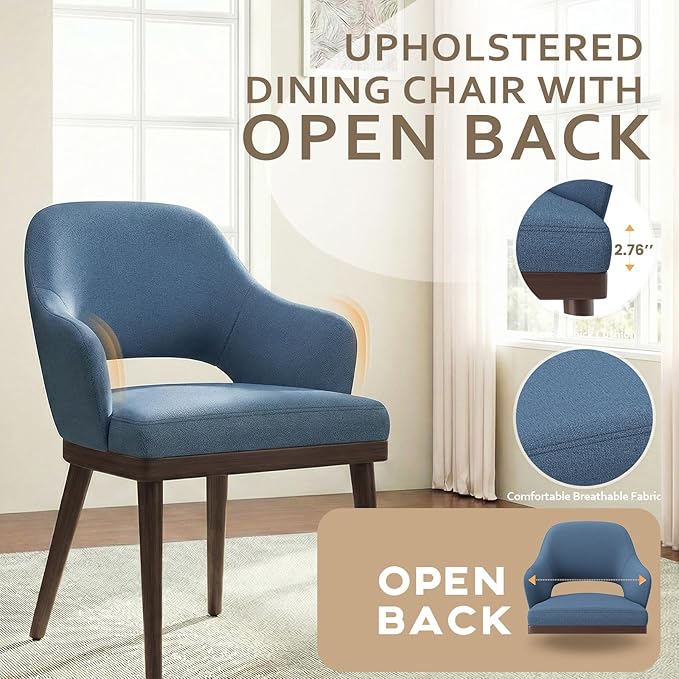 Wooden Dining Chairs Set of 2, Modern Fabric Upholstered Dining Room Chair, Kitchen Side Chairs, Farmhouse Dinner Chair with Open Back for Kitchen, Blue