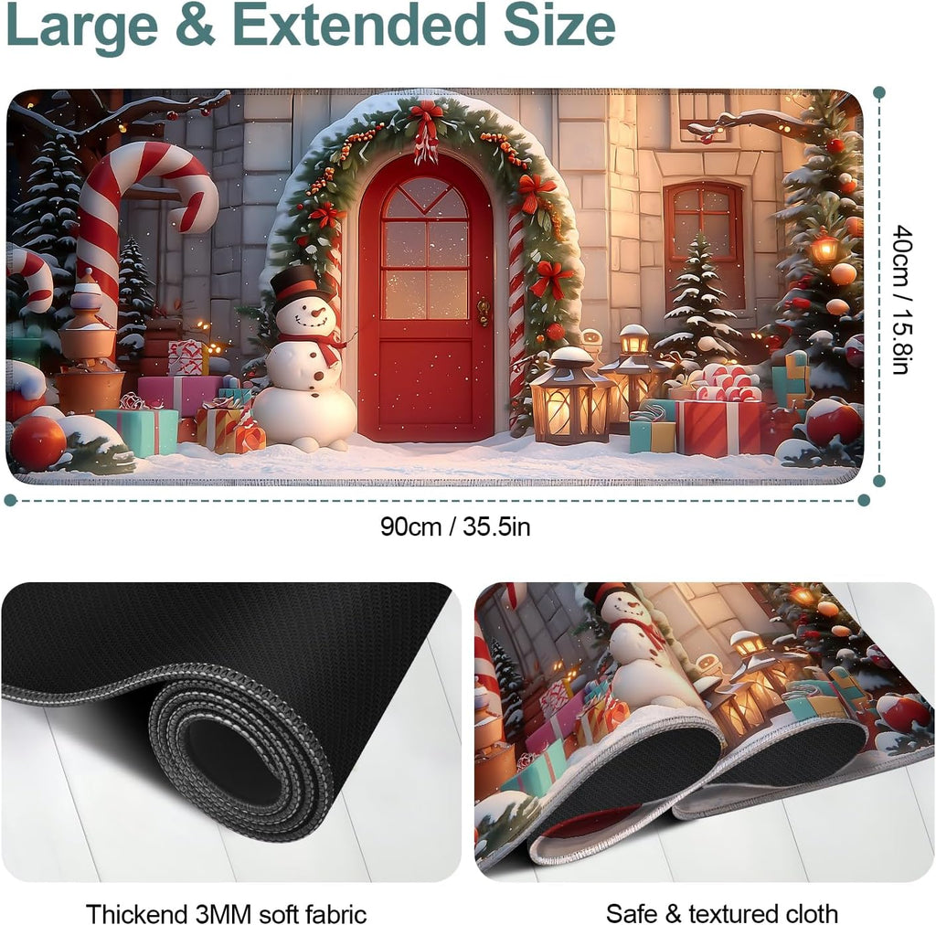 Christmas Scene Gaming Mouse Pad 35.4"x15.7"Desk Mat Anti-Slip Rubber Base & Durable Stitched Edges for Gamers Smooth Mouse Writing Surface for Desk Office/Home