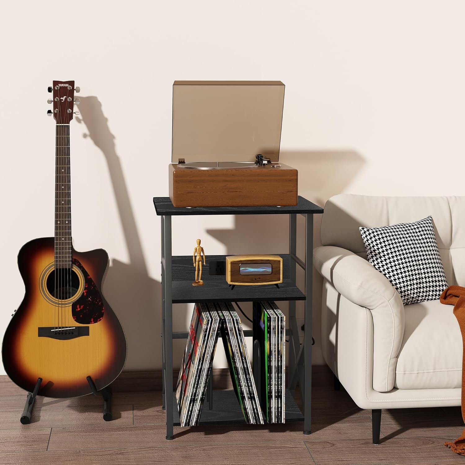 DALEMHOME Record Player Stand with Charging Station, 3-Tier Side Table for 100 Vinyl Storage, End Table for Living Room, Bedroom, Black HKET1002BK