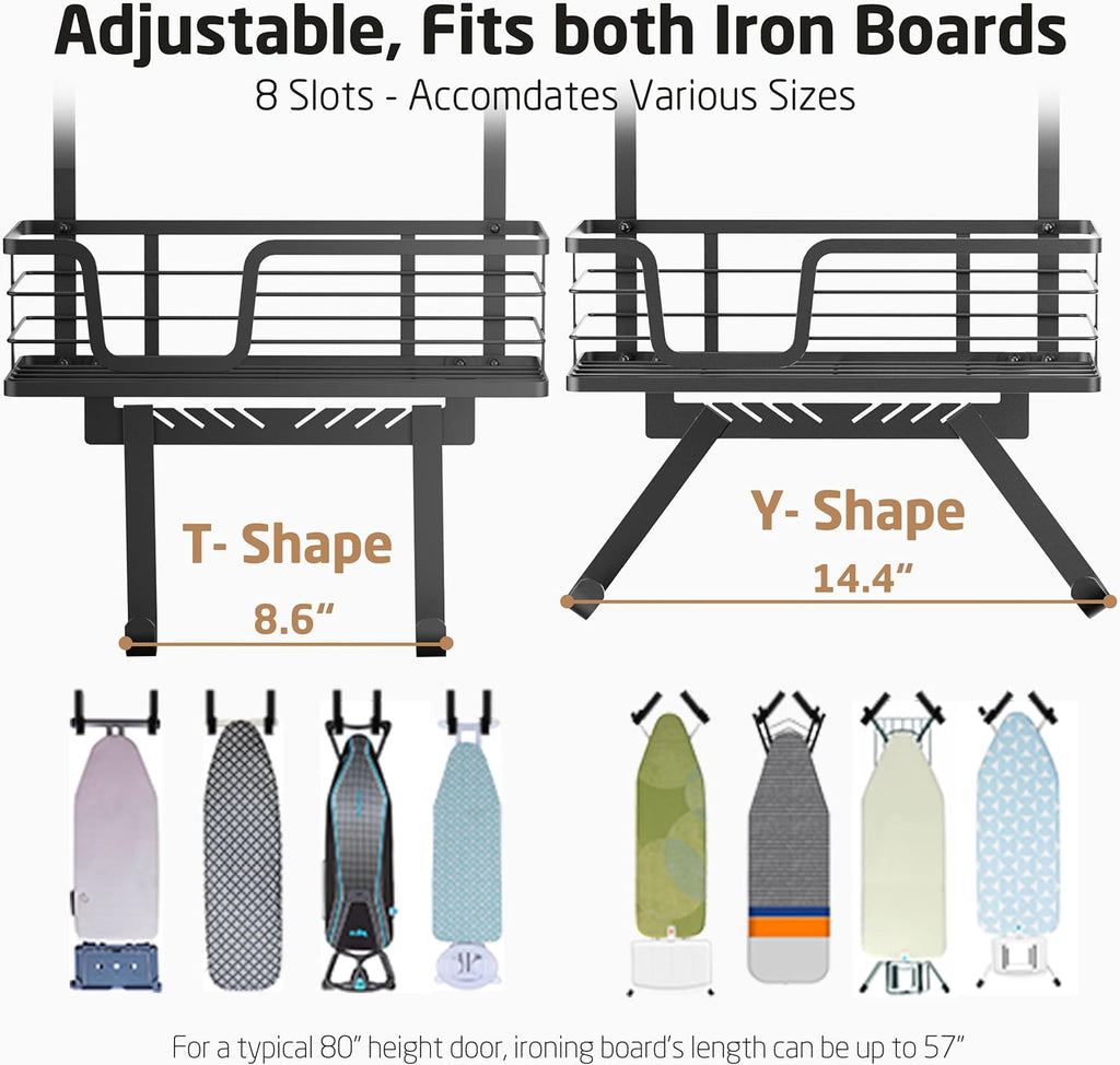 KES Over The Door Ironing Board Holder, Ironing Board Hanger Door Mount with Storage Shelf Y and T Shaped Fits for 1 3/8 Doors Matte Black, HIR501A-BK