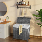 GREENSTELL Laundry Hamper with Wheels&Lid, 130L Large 3 Sections Clothes Hamper with 2 Types Removable Liner Bags, 5 Mesh Laundry Bags, Handwoven Divided Laundry Basket Gray