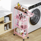 KINGRACK 4-Tier Slim Storage Cart, Metal Rolling Cart, Organizer with Wooden Tabletop and Drawer Basket, Mobile Shelving Unit for Kitchen, Bathroom, Laundry Room, Pink
