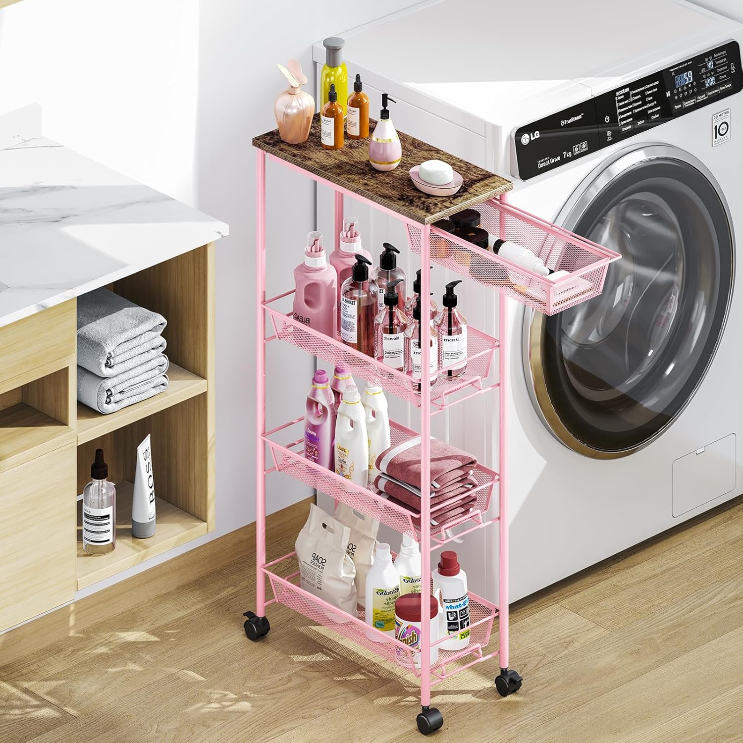 KINGRACK 4-Tier Slim Storage Cart, Metal Rolling Cart, Organizer with Wooden Tabletop and Drawer Basket, Mobile Shelving Unit for Kitchen, Bathroom, Laundry Room, Pink