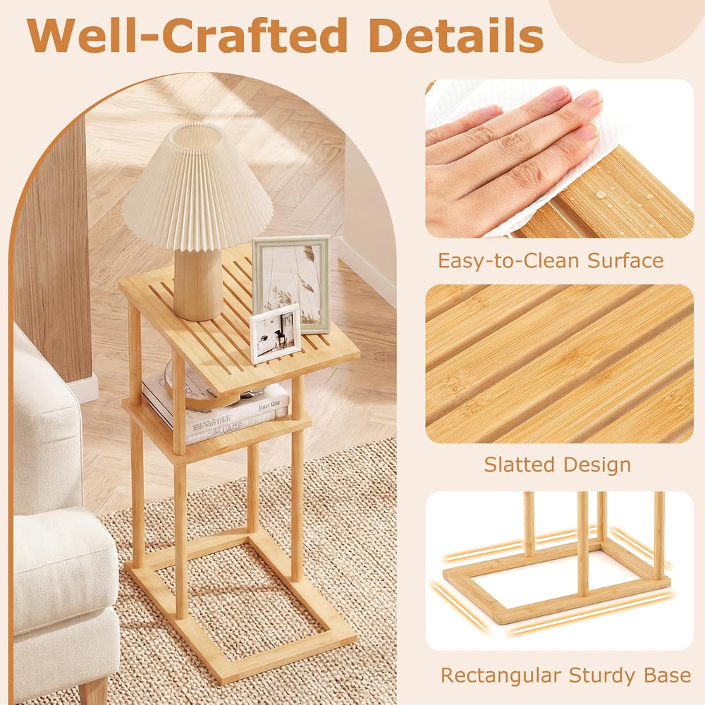 Giantex Bamboo Side Table Set of 2, 3-Tier Narrow End Table with Storage Shel...