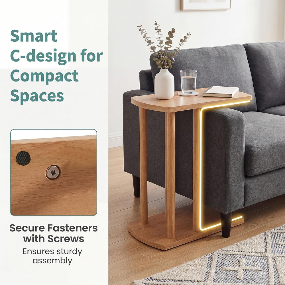 COSTWAY Solid Teak C-Shaped Side Table, Natural Slim 2-Tier End Table with Th...