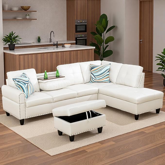 Sectional Couches for Living Room with Movable Chaise & Storage Ottoman - 97.5" Leather L Shaped Couches for Living Room Apartment, Home Modular Sectional Sofas with Cup Holder, White