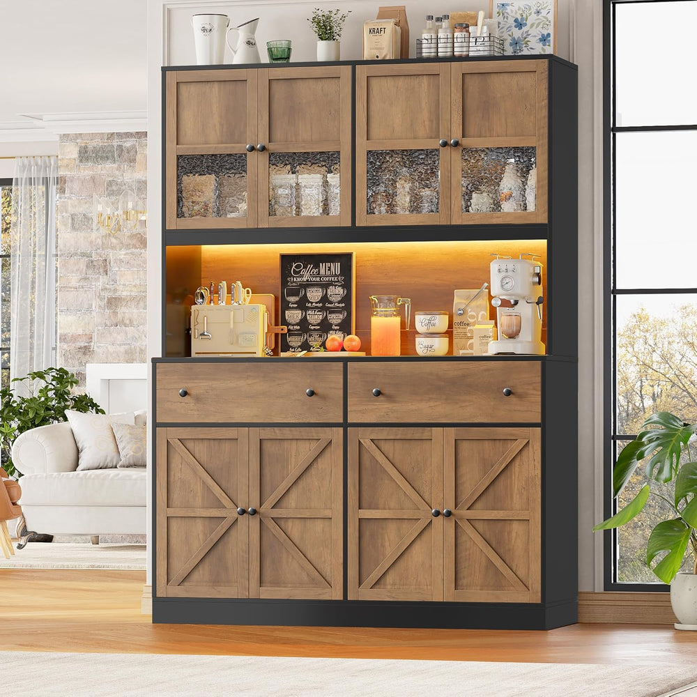 FINETONES 71" Pantry Cabinet with LED Light and Charging Station | Farmh...