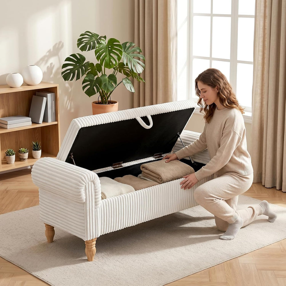 55" Storage Ottoman Bench, Corduroy End of Bed Bench for Bedroom, White ...