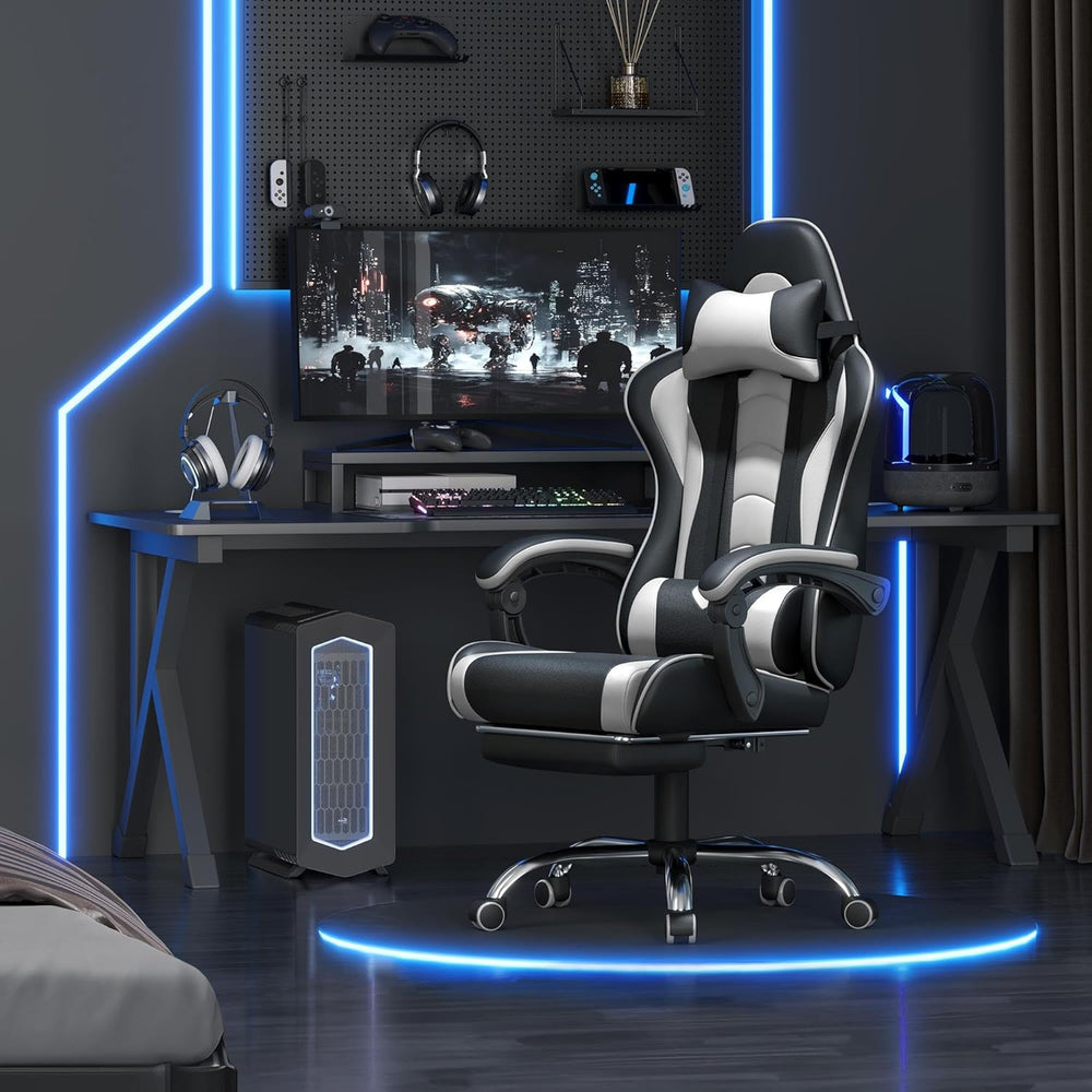Yaheetech Gaming Chair with Footrest Massage Lumbar Pillow Black and White | ...