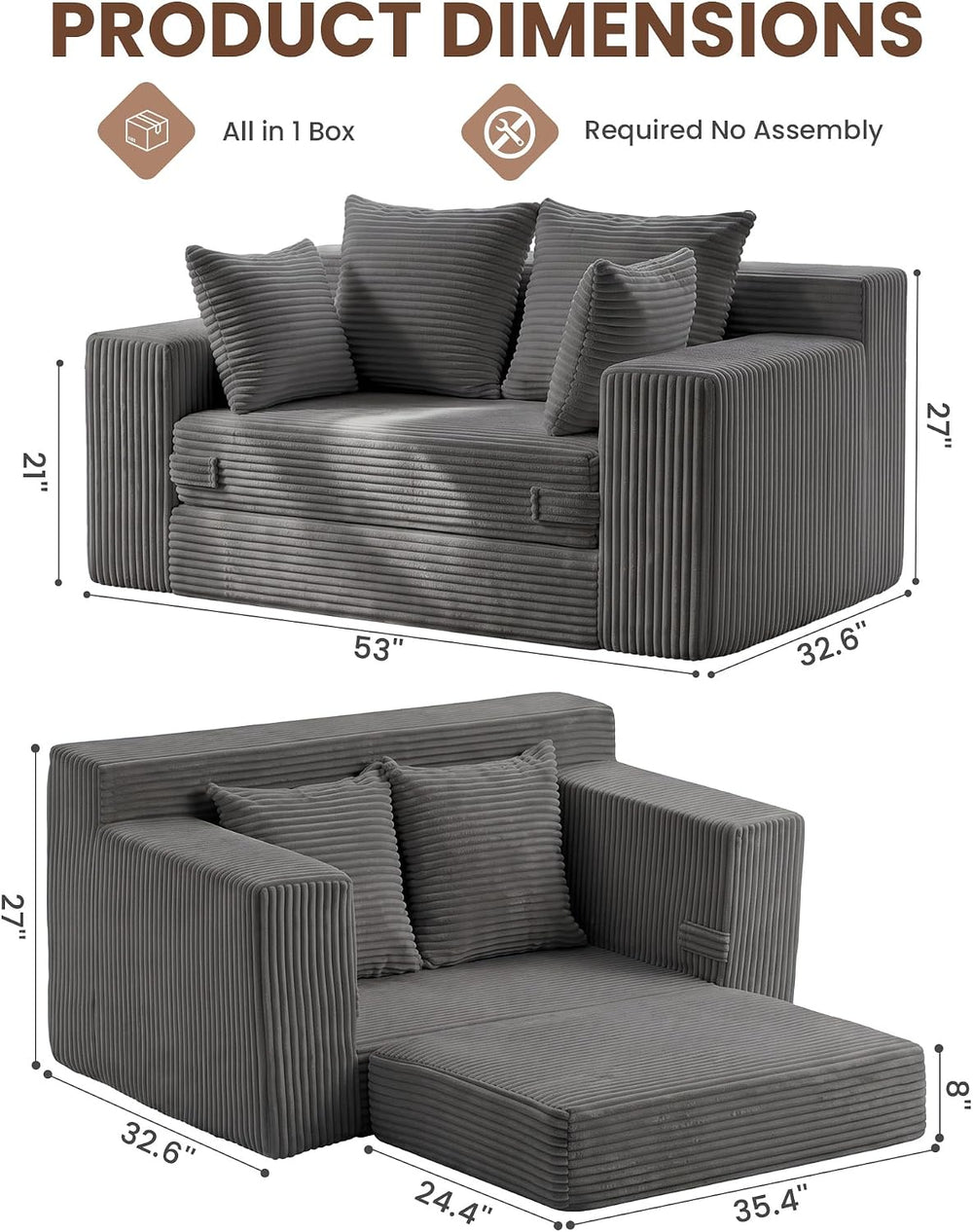 JUIKURY Floor Mini Couch 53 Inch, 3-in-1 Gray Couches Covertible Sofa Bed wit...